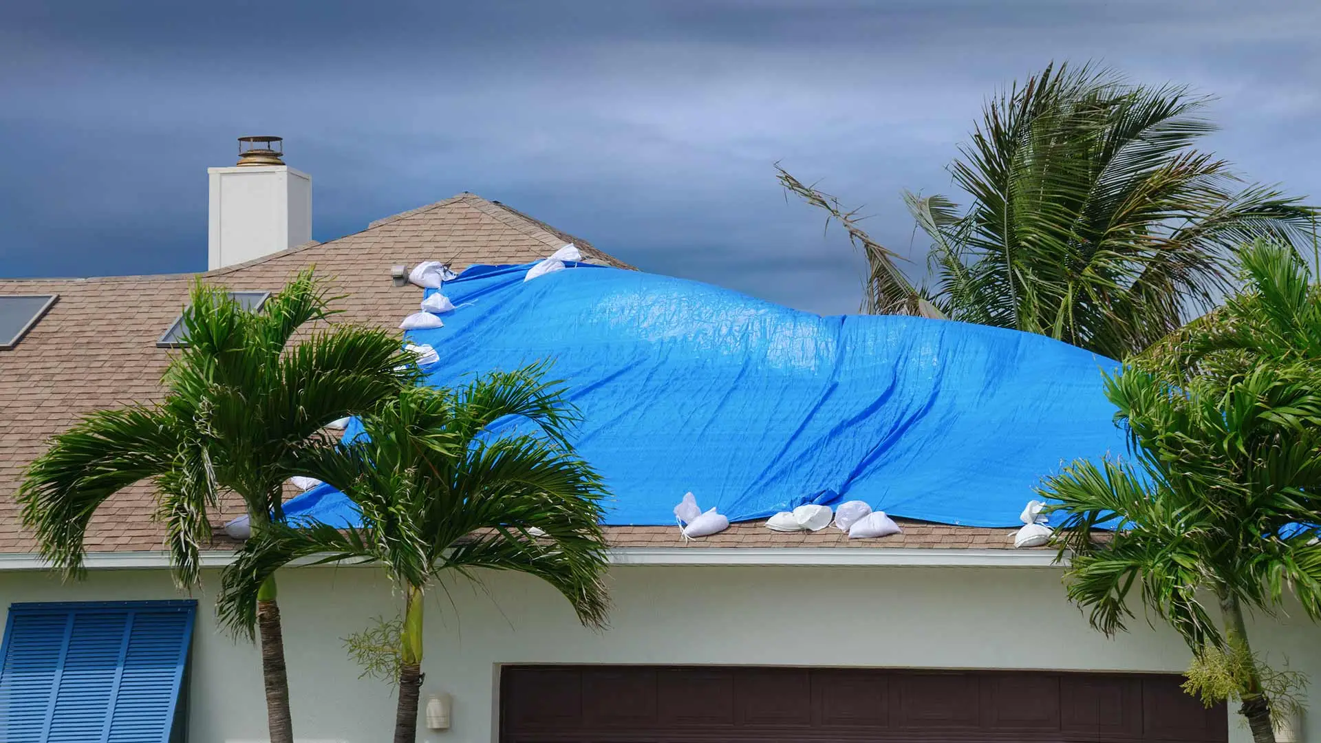 Blue roof tarping services at a home in Wesley Chapel, FL.