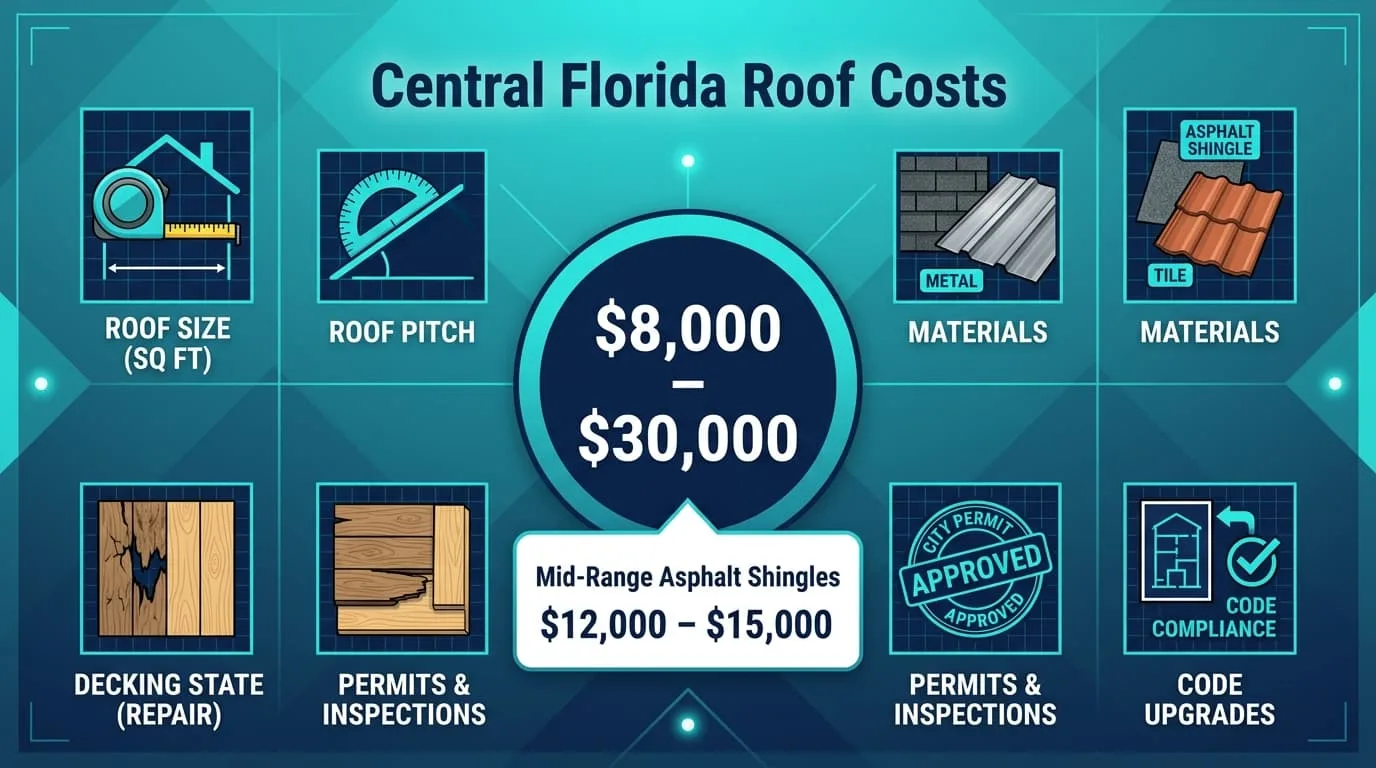 Central Florida roof replacement costs from $8,000 to $30,000, with mid-range asphalt shingle projects at $12,000 to $15,000