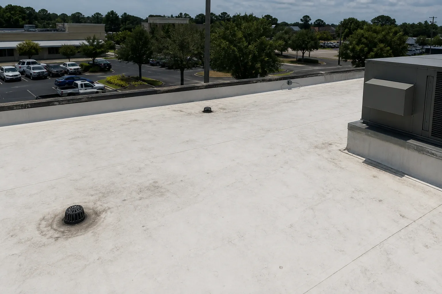 Low-slope commercial roof on a Lakeland retail building with visible drains and HVAC curbs