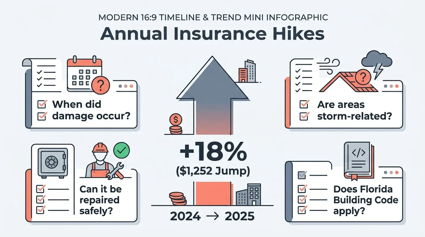 An 18% increase, or $1,252, in Florida's average homeowners premium from 2024 to 2025, next to questions about when damage occurred and whether Florida code applies
