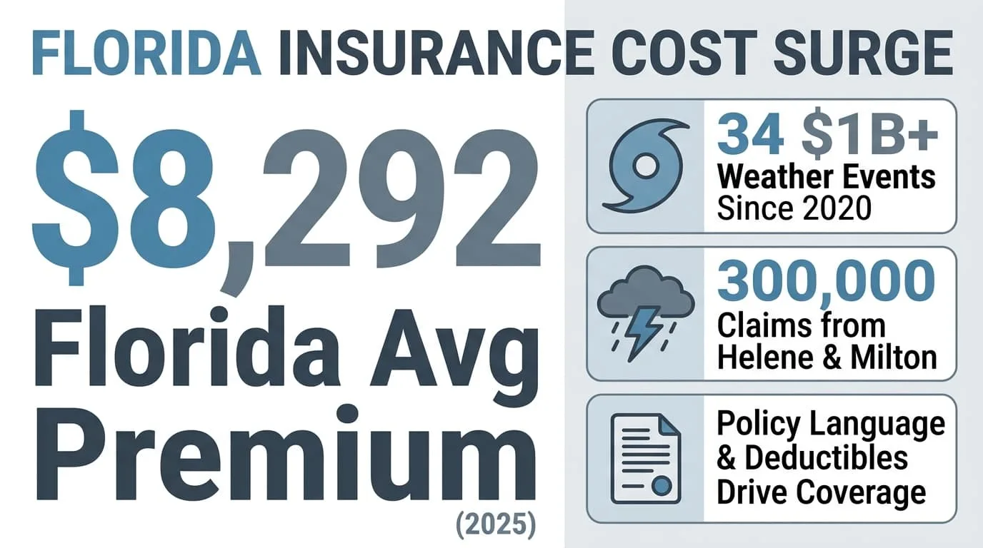 Florida average homeowners insurance premium of $8,292 in 2025, with 34 billion-dollar weather events since 2020 and about 300,000 claims after Hurricanes Helene and Milton