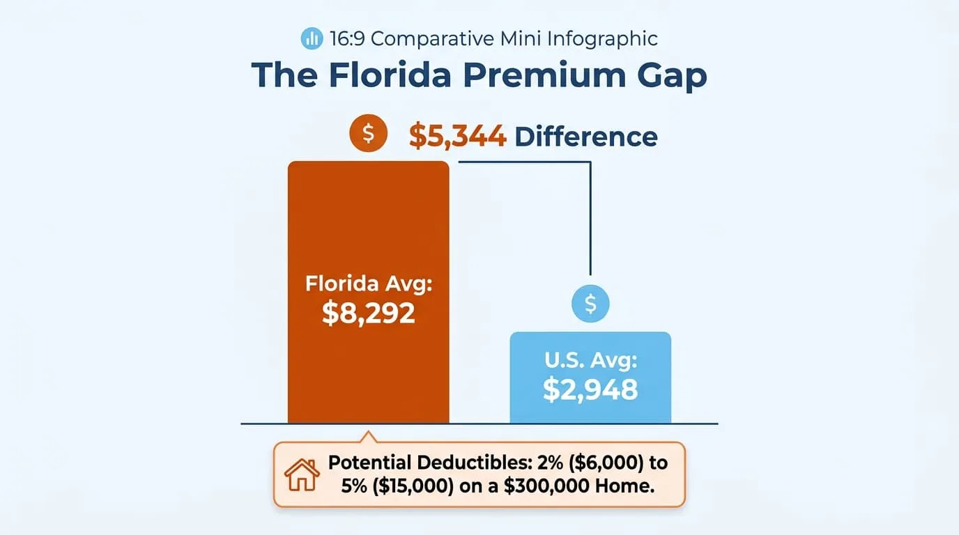 Florida average premium of $8,292 compared with the U.S. average of $2,948, a difference of $5,344, plus a 2% to 5% hurricane deductible on a $300,000 home