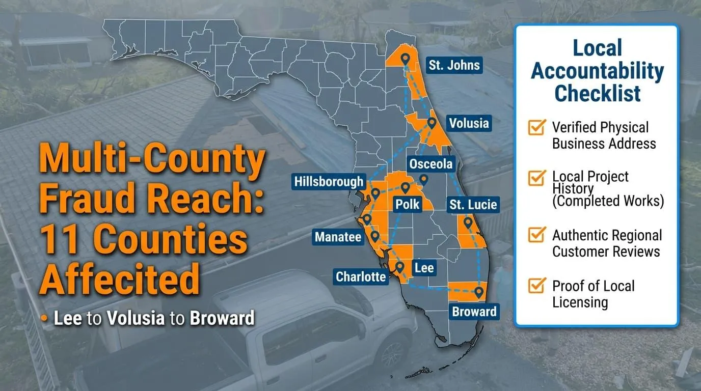 Florida map highlighting counties tied to a multi-county roofing fraud case, with a local accountability checklist