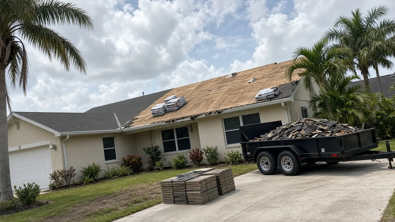 Shingle roof replacement tear-off on a one-story Florida house