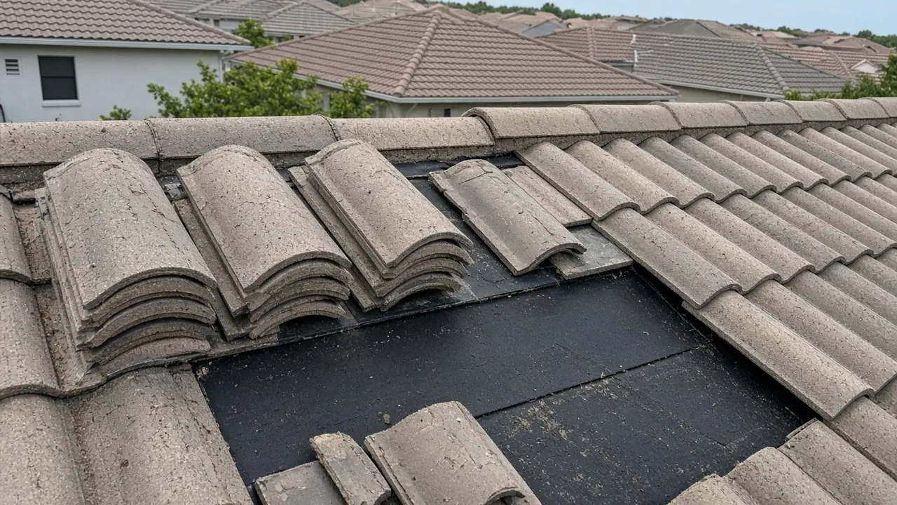 Concrete tile lifted aside so the underlayment can be replaced