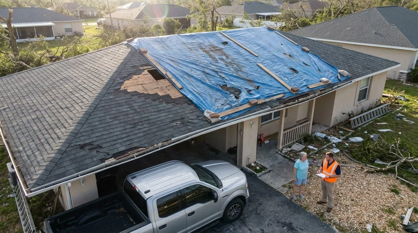 Aerial view of a Florida house with a torn blue tarp over a damaged shingle roof after a storm