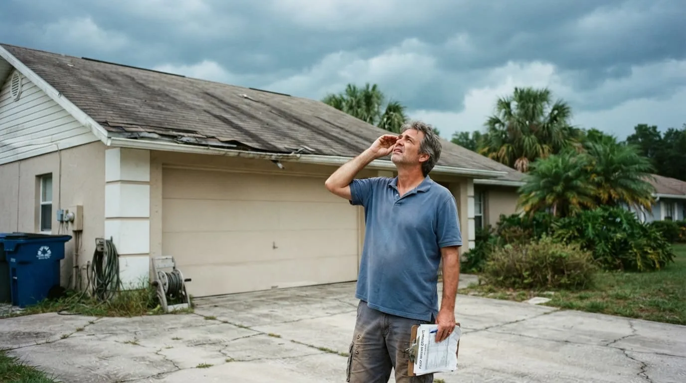 Homeowner looking up at a worn shingle roof under storm clouds in Florida