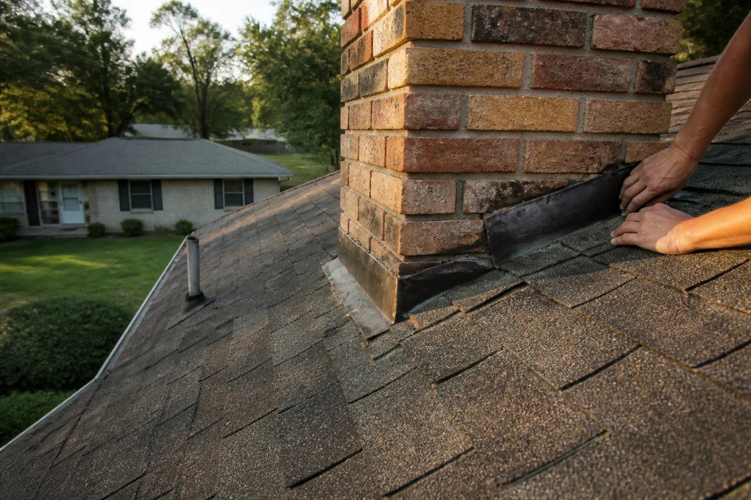 Roof inspection on a Winter Haven, FL home, checking chimney flashing and shingles